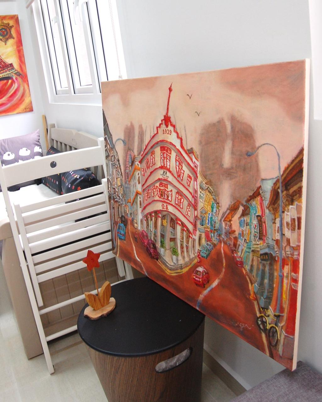 Right Side View of canvas art Keong Saik red and white shophouse building 