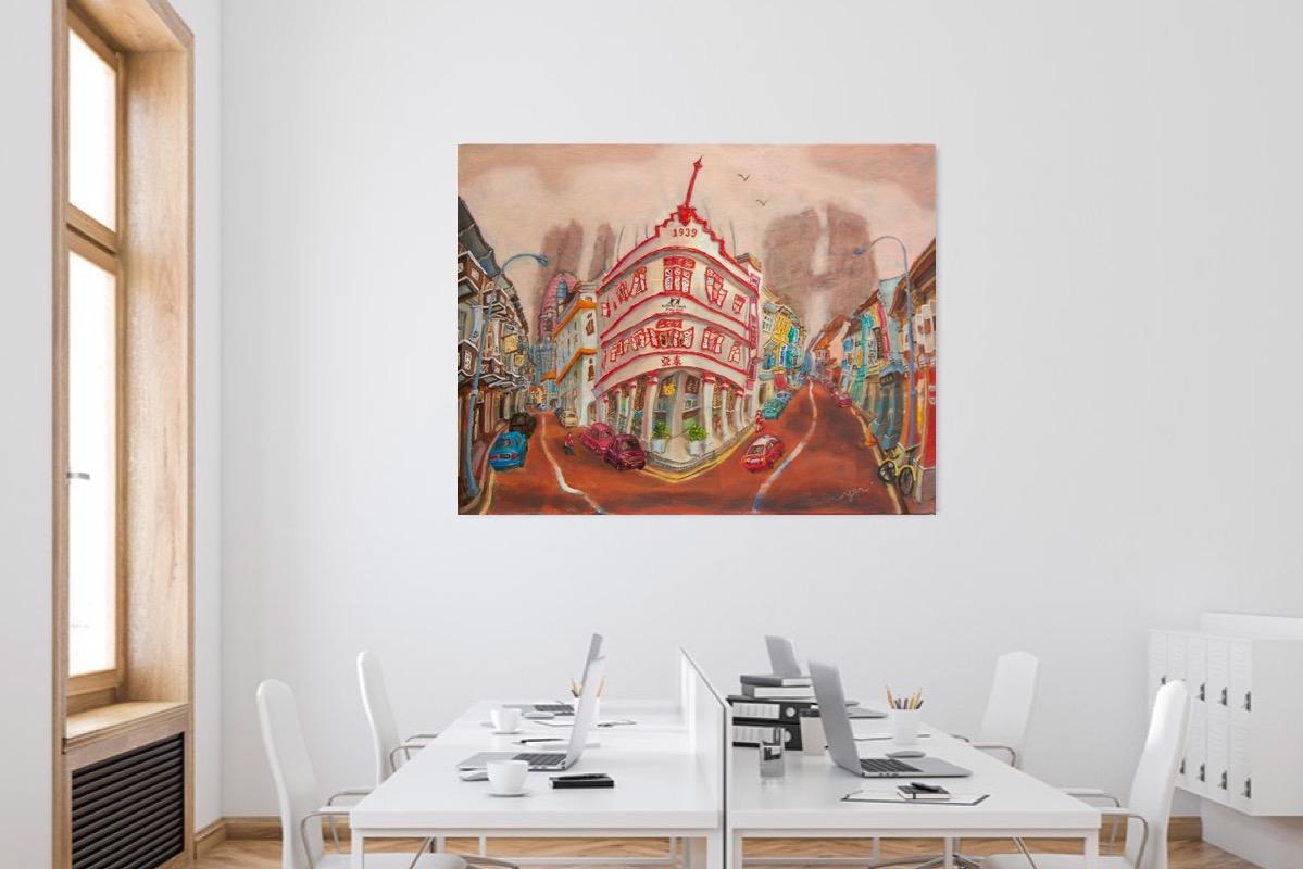 Heritage painting of iconic Keong Saik Road Red Shophouse displayed in a office meeting room