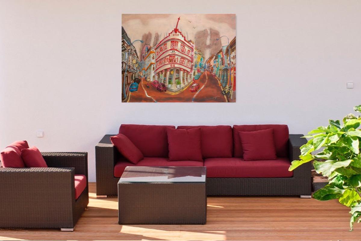 Original painting of Keong Saik Road red and white iconic Dong Ya building hung in a living room with red sofa