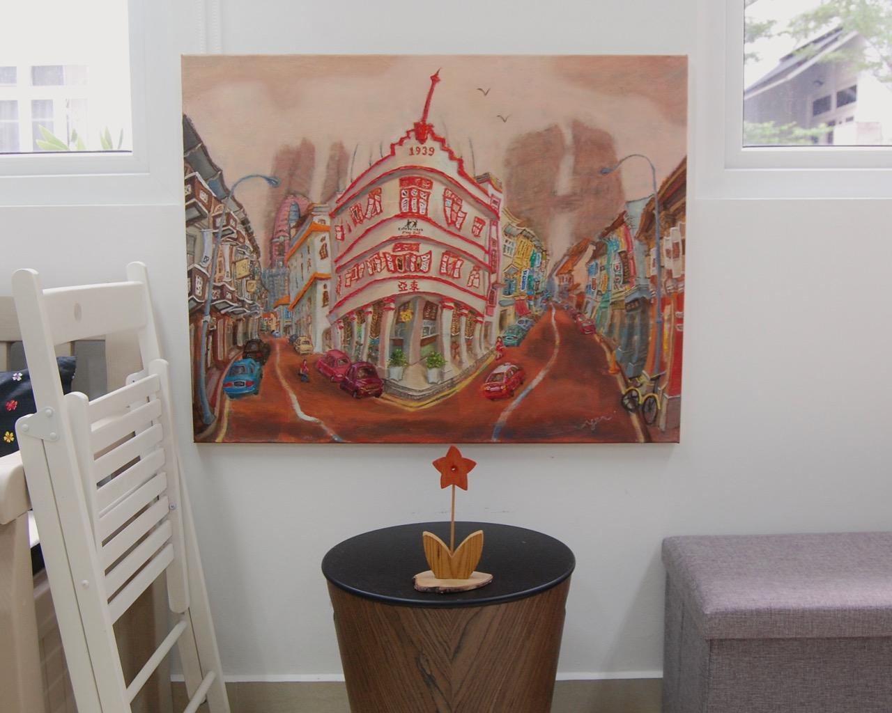 28x35 inch iconic shophouse architectural art Chinatown Corner in natural lighting