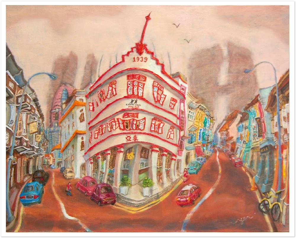 Singapore Signed Art Poster of Chinatown Keong Saik Road Shophouse Painting by Local Artist, Unique Asia Travel Print Gift of Red Iconic Building