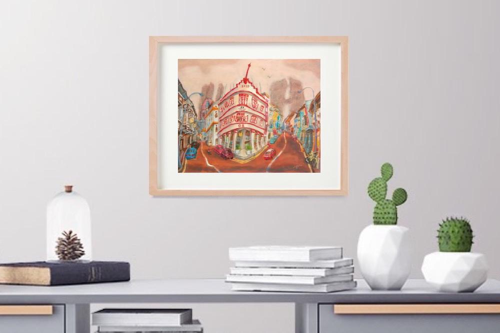 Singapore Signed Art Poster of Chinatown Keong Saik Road Shophouse Painting by Local Artist, Unique Asia Travel Print Gift of Red Iconic Building