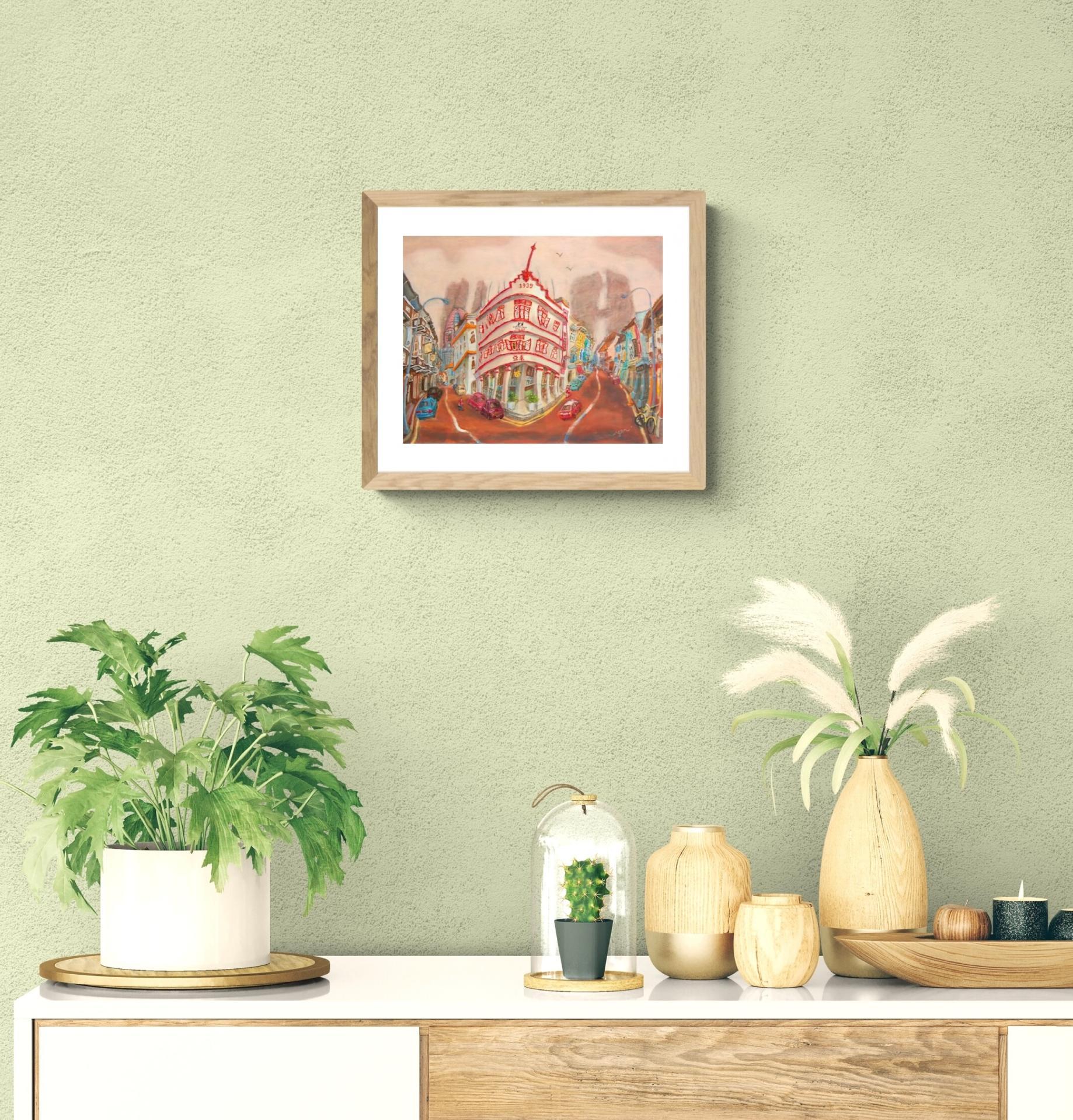 Singapore Signed Art Poster of Chinatown Keong Saik Road Shophouse Painting by Local Artist, Unique Asia Travel Print Gift of Red Iconic Building