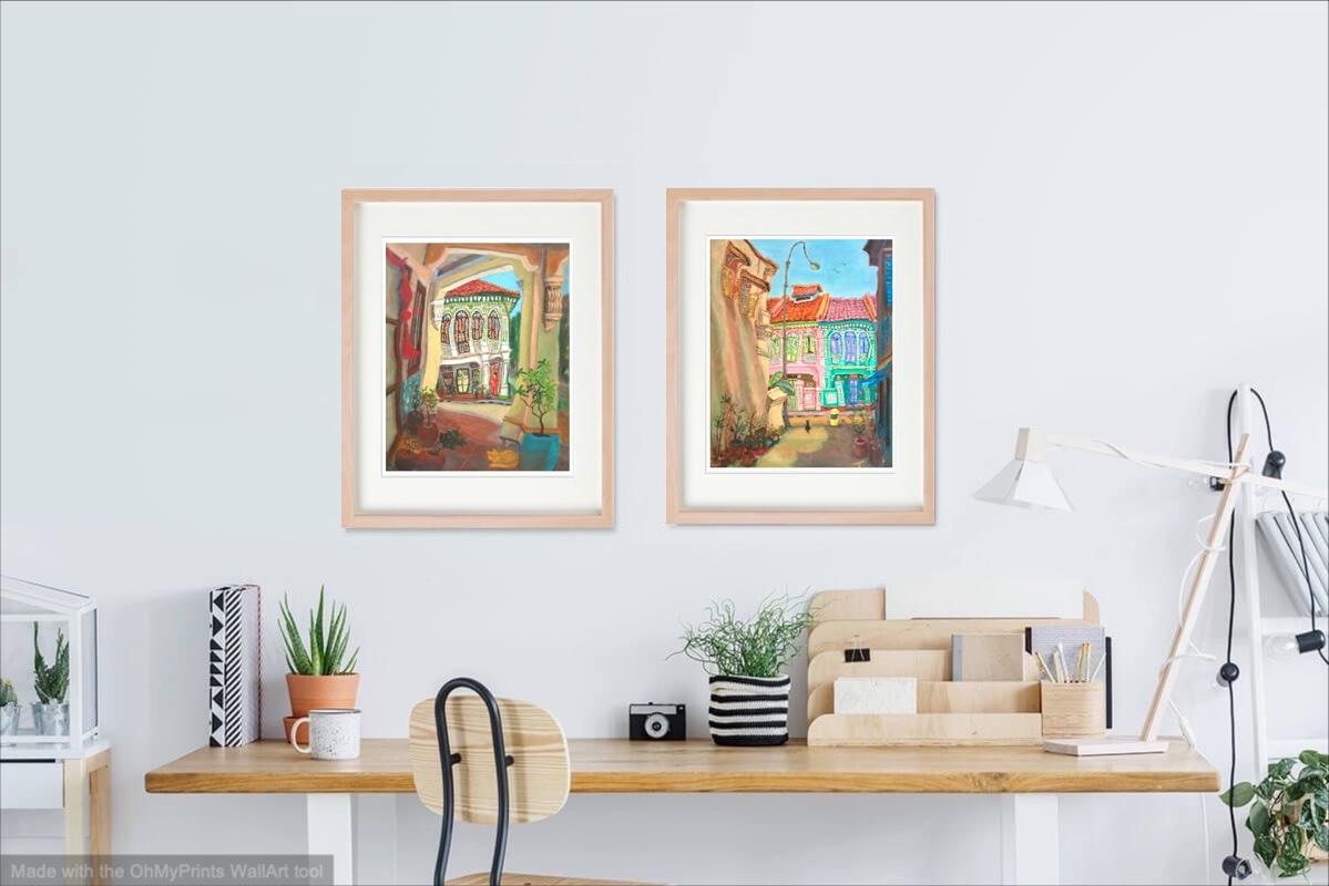 Singapore Signed Art Print of Koon Seng Road Shophouse Art Painting, Asia Travel Poster Gift with Peranakan Lady and Sleeping Cat