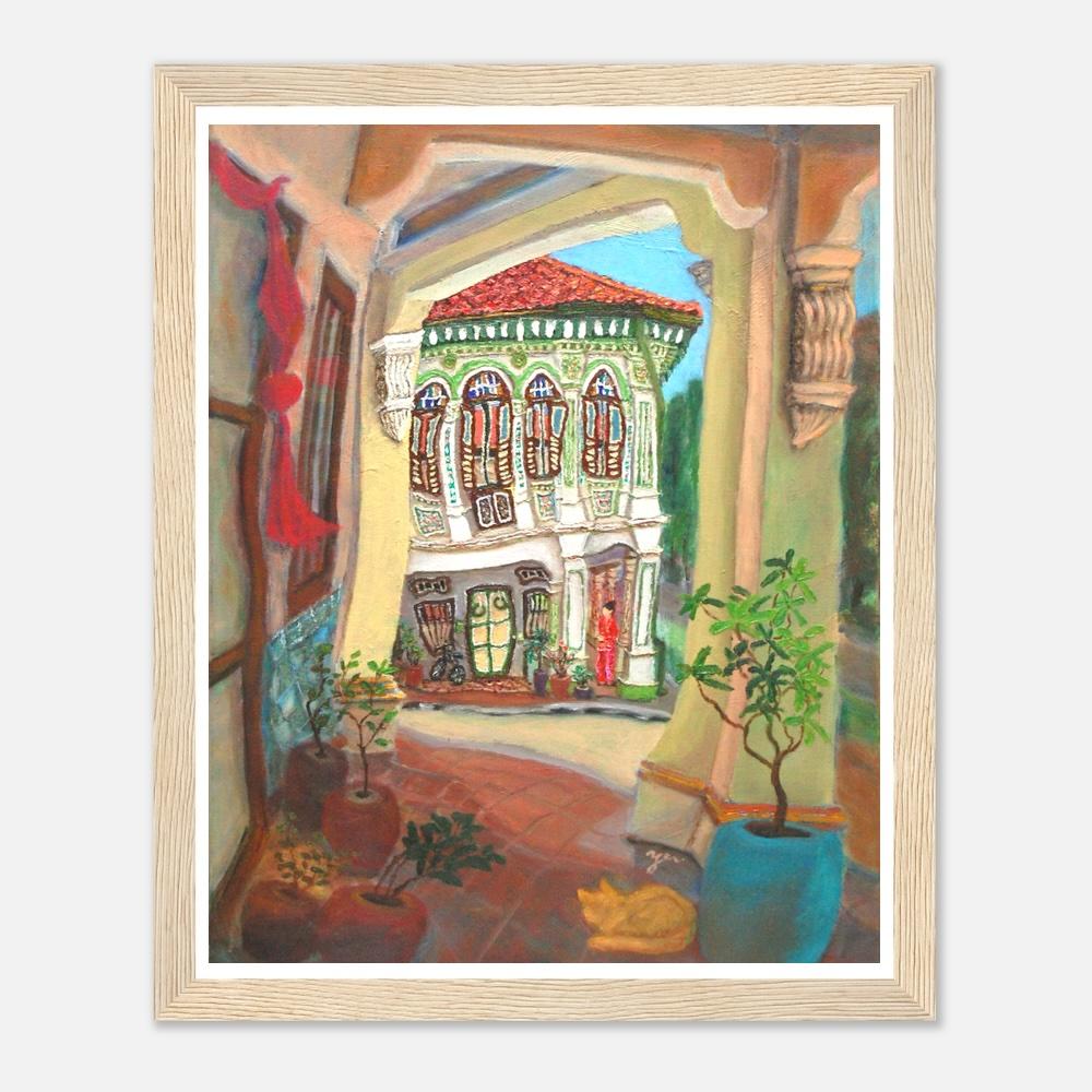 Singapore Signed Art Print of Koon Seng Road Shophouse Art Painting, Asia Travel Poster Gift with Peranakan Lady and Sleeping Cat