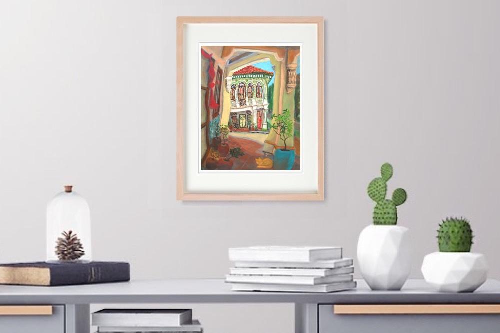 Singapore Signed Art Print of Koon Seng Road Shophouse Art Painting, Asia Travel Poster Gift with Peranakan Lady and Sleeping Cat