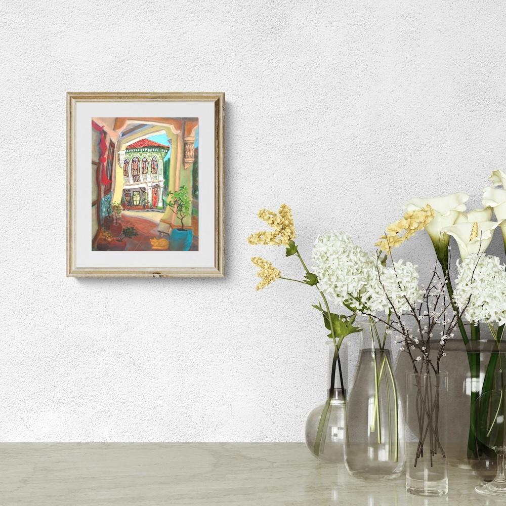 Singapore Signed Art Print of Koon Seng Road Shophouse Art Painting, Asia Travel Poster Gift with Peranakan Lady and Sleeping Cat
