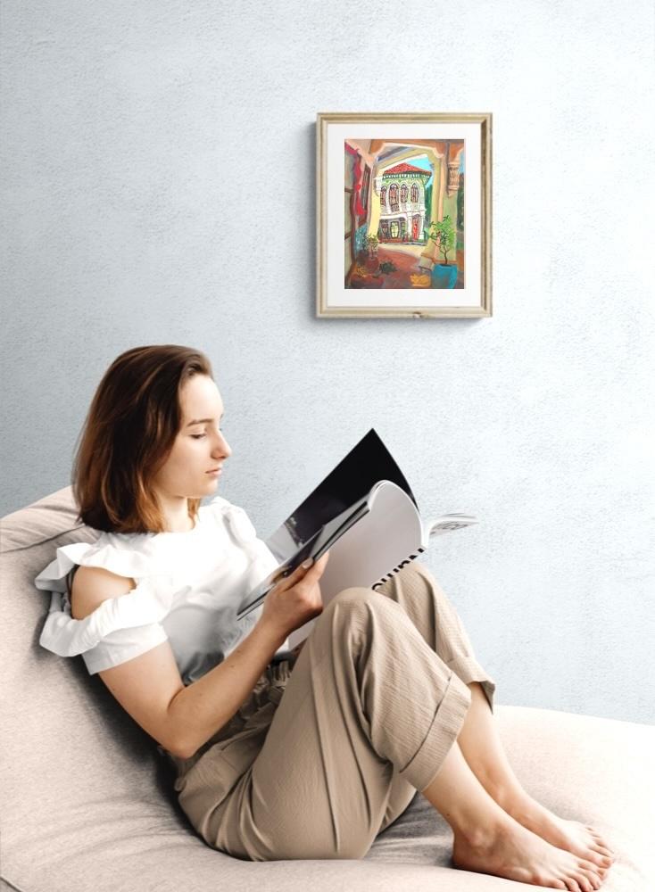 Singapore Signed Art Print of Koon Seng Road Shophouse Art Painting, Asia Travel Poster Gift with Peranakan Lady and Sleeping Cat