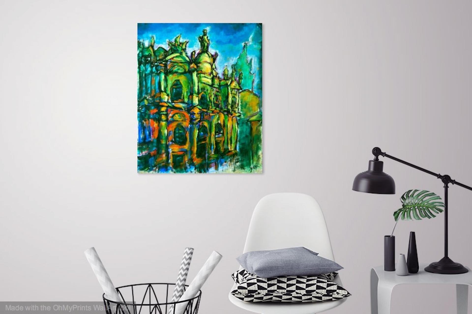 Destined -Spain Camino Oil Painting of Santiago de Compostela Cathedral, Way of St James original church art in Cezanne impressionist style