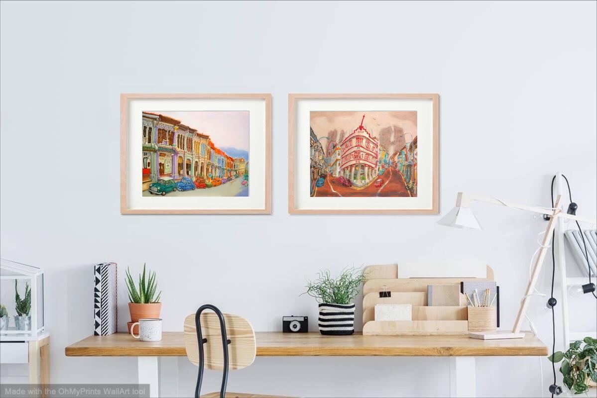 Singapore Signed Art Poster of Chinatown Keong Saik Road Shophouse Painting by Local Artist, Unique Asia Travel Print Gift of Red Iconic Building