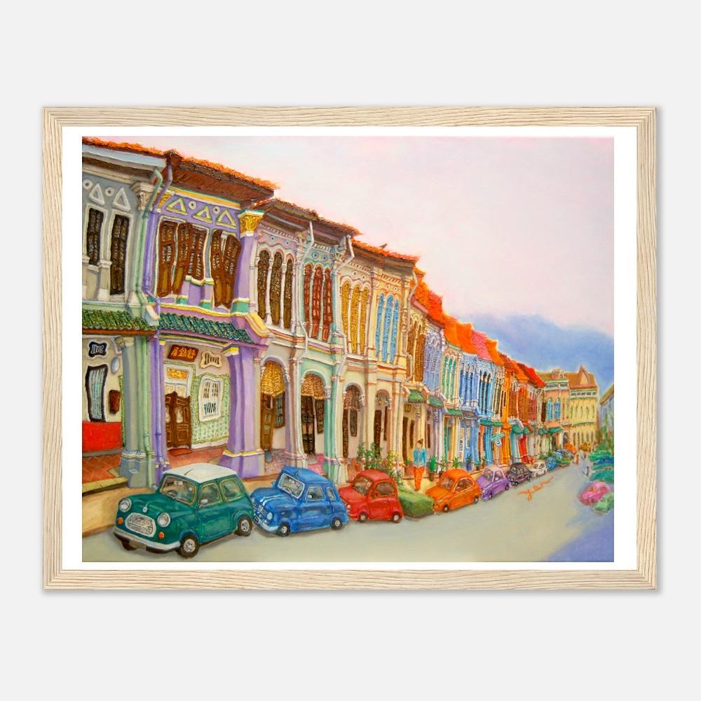 Colorful Art Print of Singapore Emerald Hill Shophouse Painting displayed in wooden frame