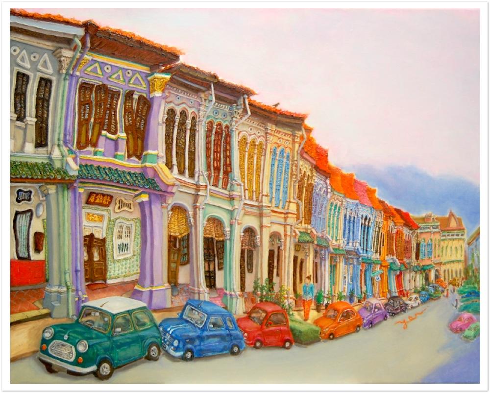Vibrant Emerald Hill Shophouses original painting by Singapore artist HweeYen Ong