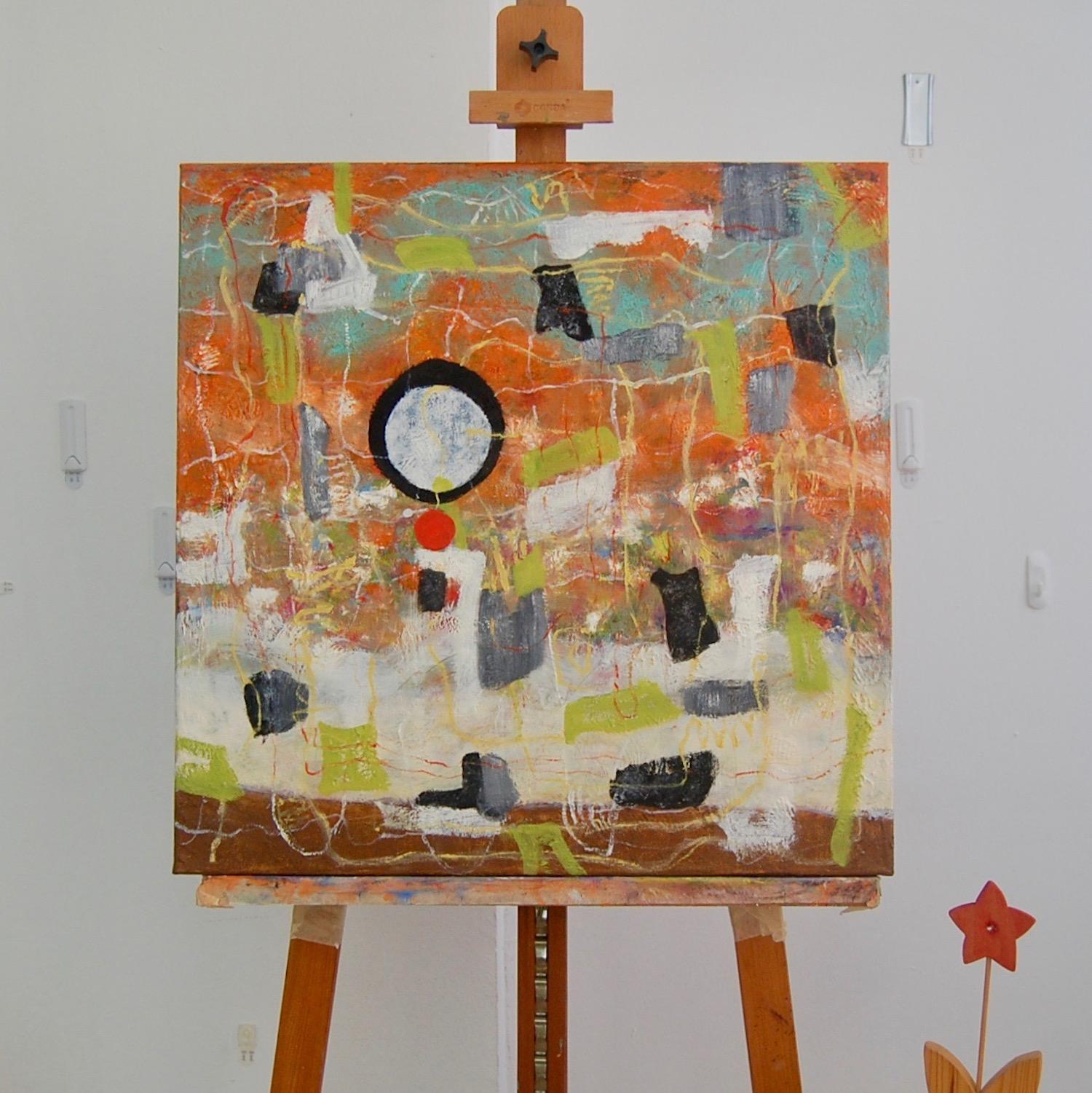 Orange Abstract Oil Painting: Whimsical Zen Circle Impasto Art - Musings