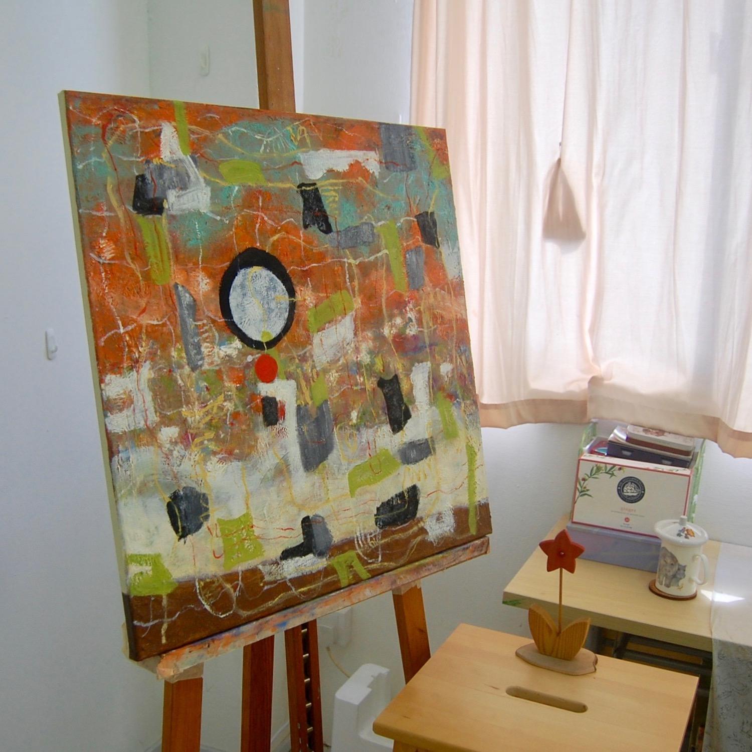 Orange Abstract Oil Painting: Whimsical Zen Circle Impasto Art - Musings
