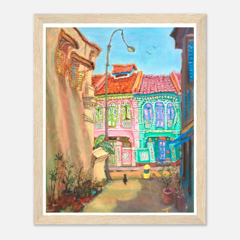 Singapore Signed Art Poster of Whimsical Painting of Pink Green Peranakan Houses at Koon Seng Road in Katong-Joo Chiat, Asia Travel Print Gift