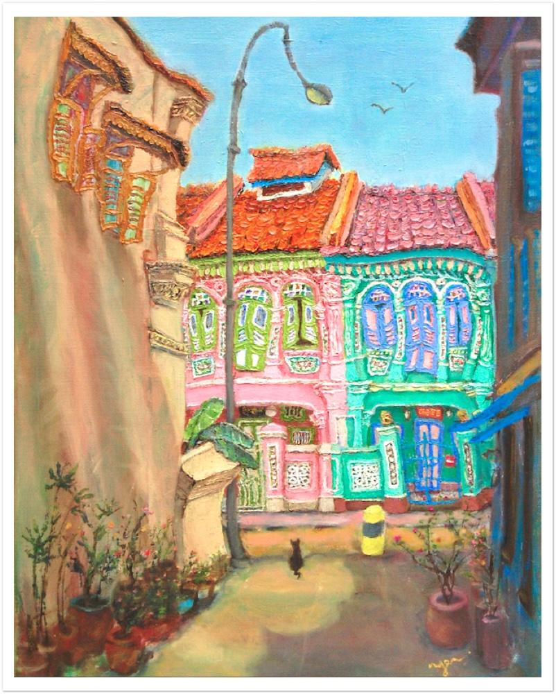Singapore Signed Art Poster of Whimsical Painting of Pink Green Peranakan Houses at Koon Seng Road in Katong-Joo Chiat, Asia Travel Print Gift