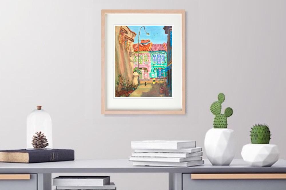 Singapore Signed Art Poster of Whimsical Painting of Pink Green Peranakan Houses at Koon Seng Road in Katong-Joo Chiat, Asia Travel Print Gift
