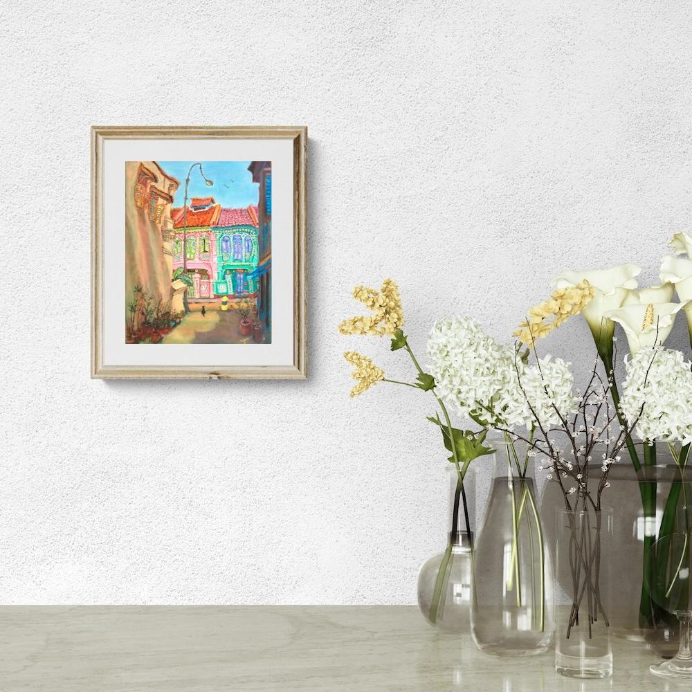 Singapore Signed Art Poster of Whimsical Painting of Pink Green Peranakan Houses at Koon Seng Road in Katong-Joo Chiat, Asia Travel Print Gift