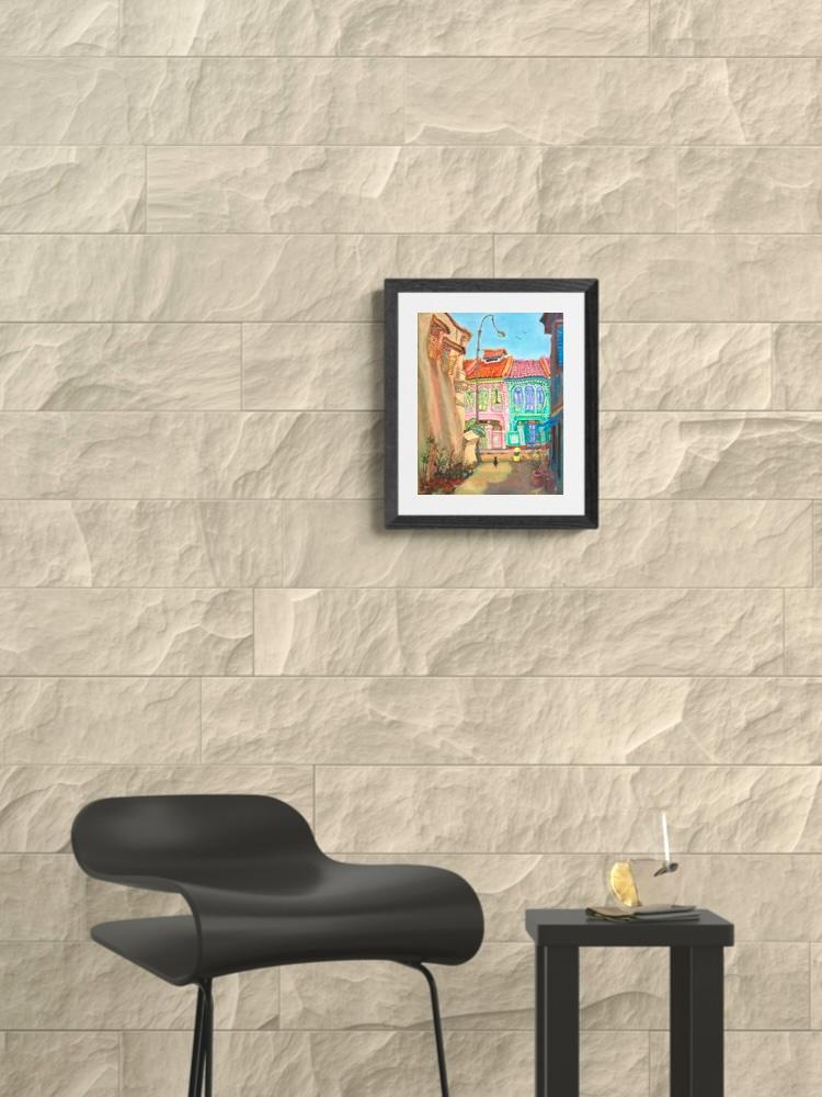 Singapore Signed Art Poster of Whimsical Painting of Pink Green Peranakan Houses at Koon Seng Road in Katong-Joo Chiat, Asia Travel Print Gift