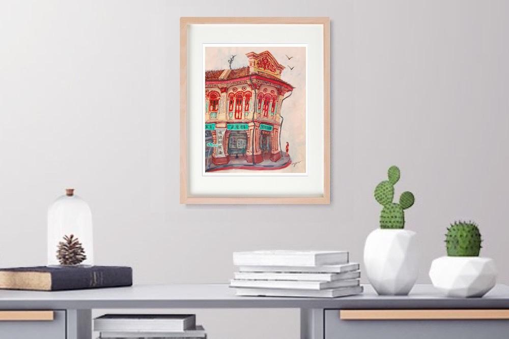 Singapore Signed Art Poster of Joo Chiat Chinese Red Shophouse Vibrant Artwork, Asia Travel Heritage Print Gift