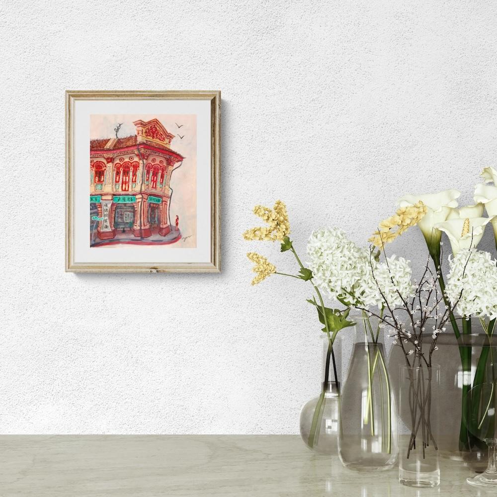 Singapore Signed Art Poster of Joo Chiat Chinese Red Shophouse Vibrant Artwork, Asia Travel Heritage Print Gift