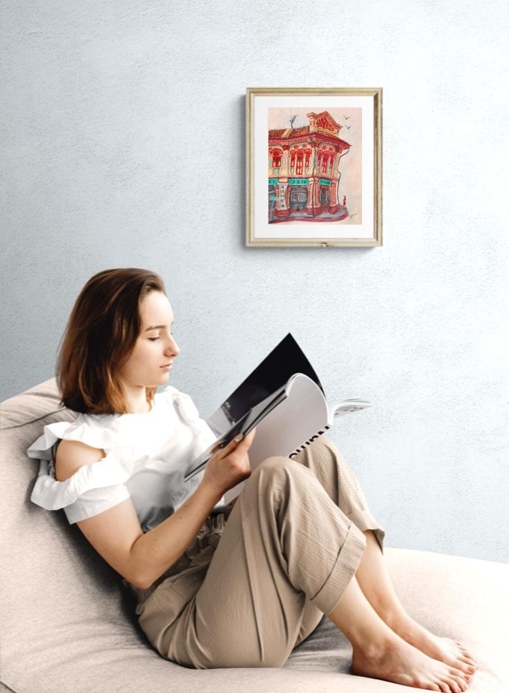 Singapore Signed Art Poster of Joo Chiat Chinese Red Shophouse Vibrant Artwork, Asia Travel Heritage Print Gift