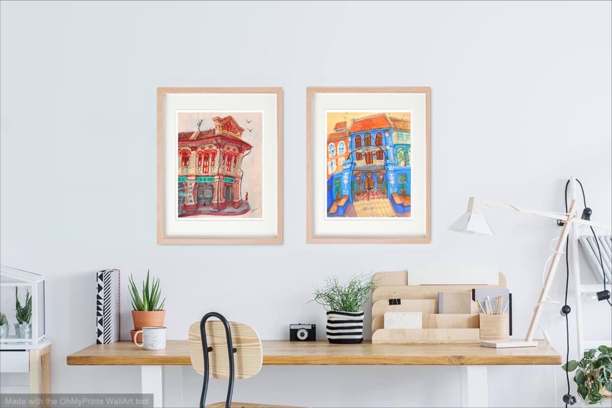 Singapore Signed Art Poster of Joo Chiat Chinese Red Shophouse Vibrant Artwork, Asia Travel Heritage Print Gift