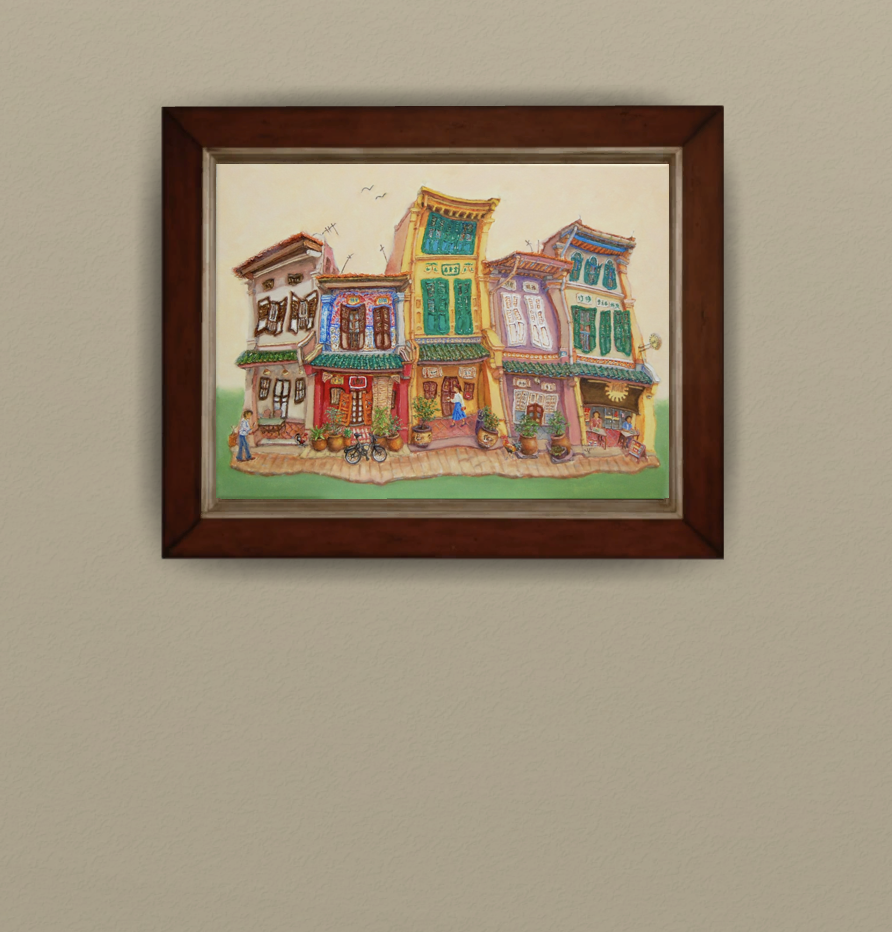 Heritage painting of Spottiswoode Park Shophouse displayed with framing on a gallery wall.