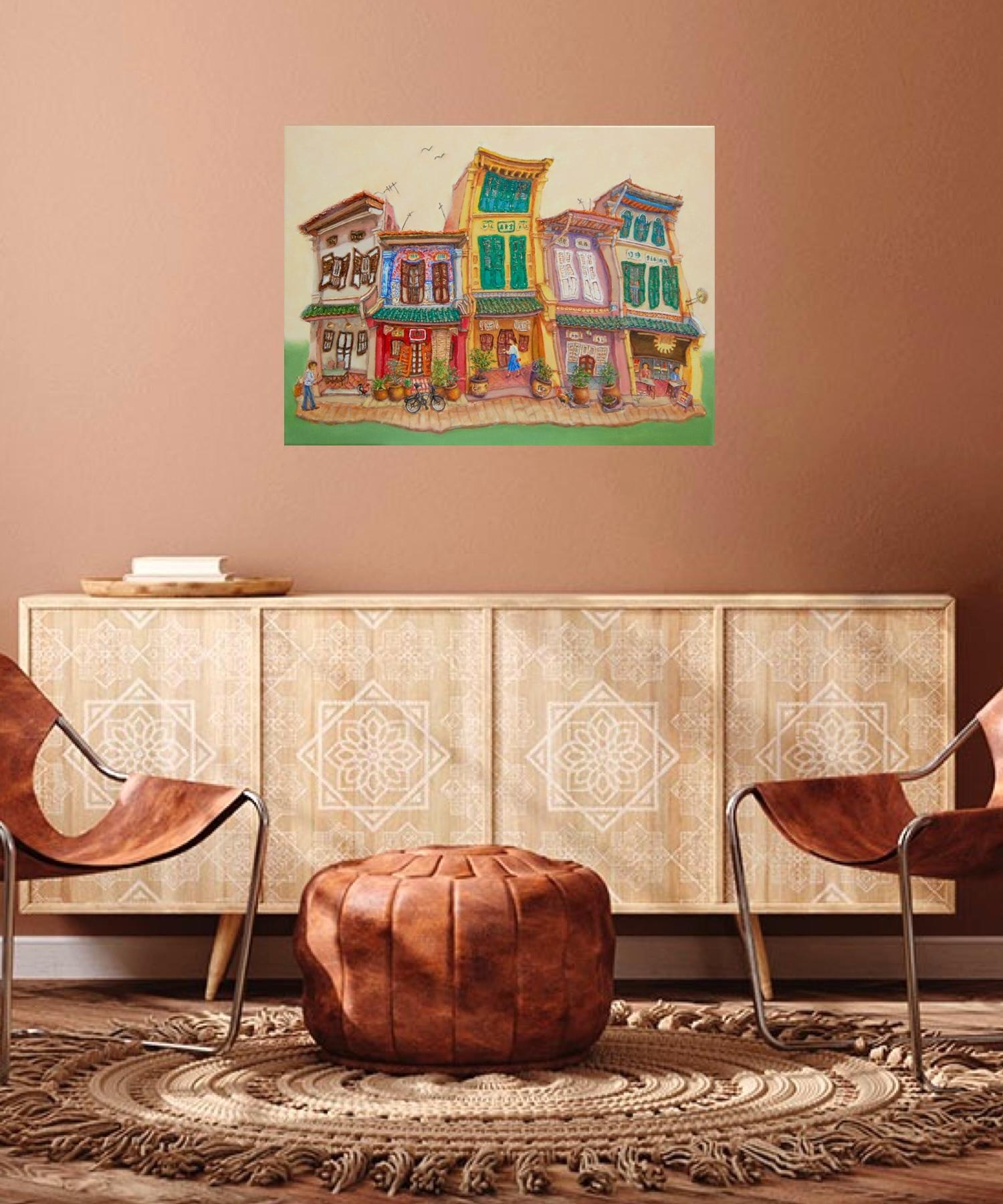 Shophouse painting in living room - Earth tones