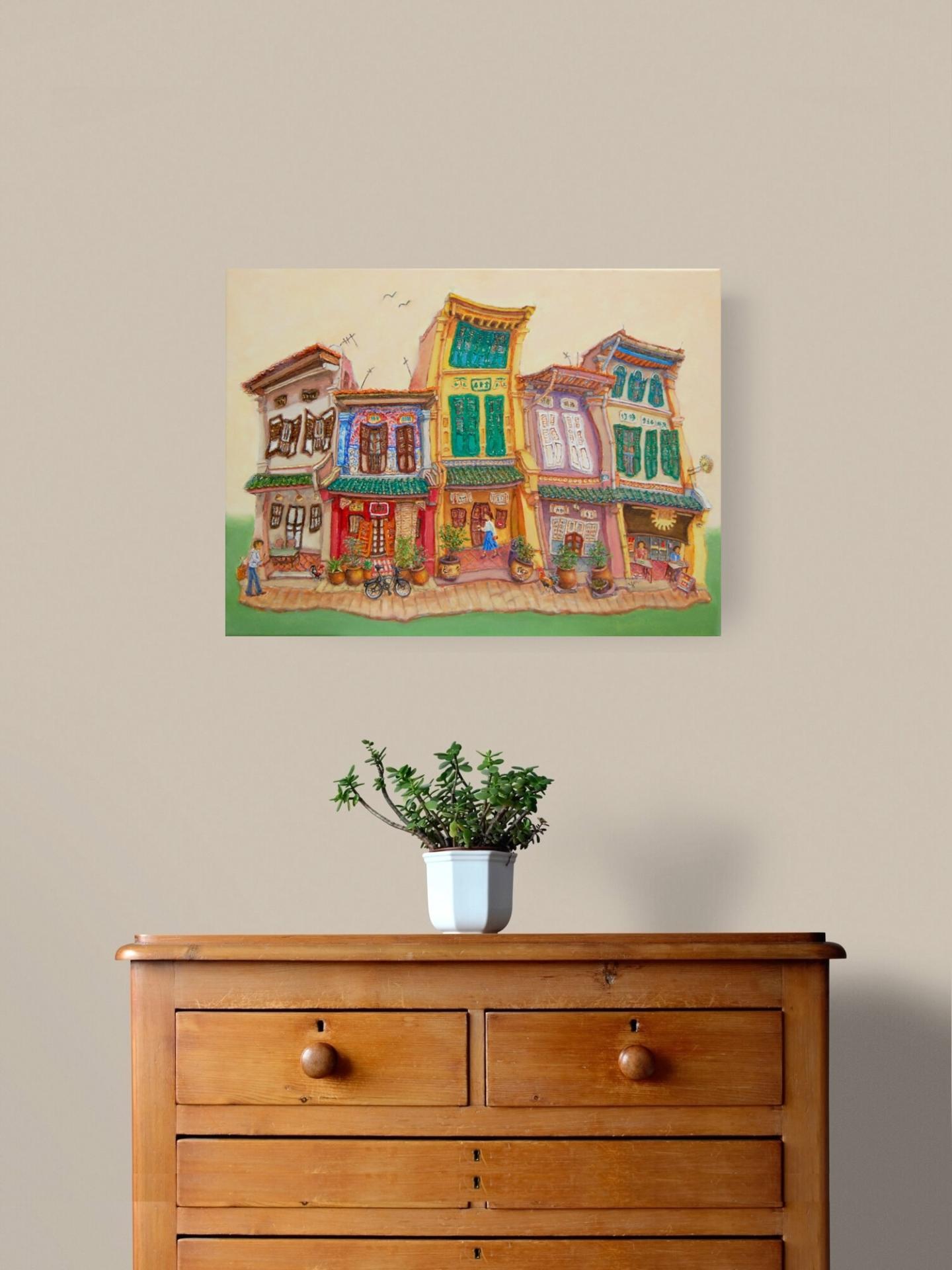 Original painting of Spottiswoode Park Shophouse hung in a homely setting with warm theme