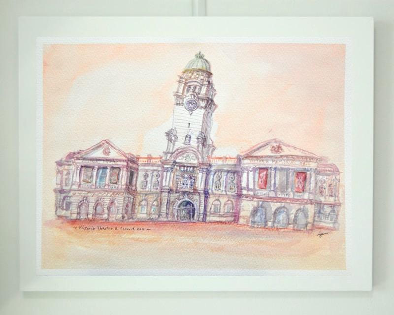 Singapore Watercolor Painting: Victoria Theatre & Concert Hall Impressionism Art