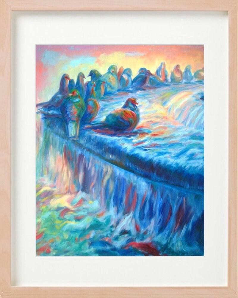Impressionist Paintings Wall Art Prints 8x10" - Pigeon Symphony, whimsical birds on blue water fountain, european Poland holidays decor travel art