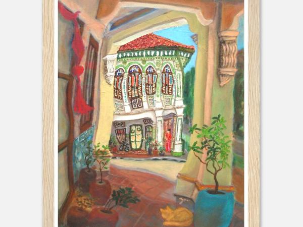 Singapore Signed Art Print of Koon Seng Road Shophouse Art Painting, Asia Travel Poster Gift with Peranakan Lady and Sleeping Cat