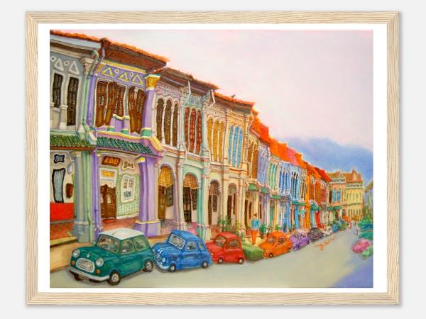 Colorful Art Print of Singapore Emerald Hill Shophouse Painting displayed in wooden frame