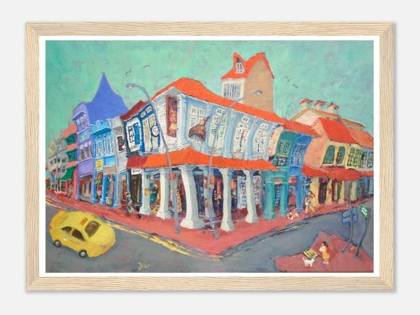 Singapore Signed Art Poster of Joo Chiat Shophouses Colorful Heritage Street Painting, Unique Asia Travel Print Gift of Chinese Malay Architecture
