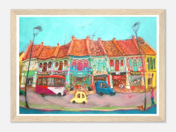 Singapore Signed Art Poster of Katong Shophouses Street Painting with Traditional Peranakan Rumah Bebe Shop, a Vibrant Asia Travel Souvenir Print