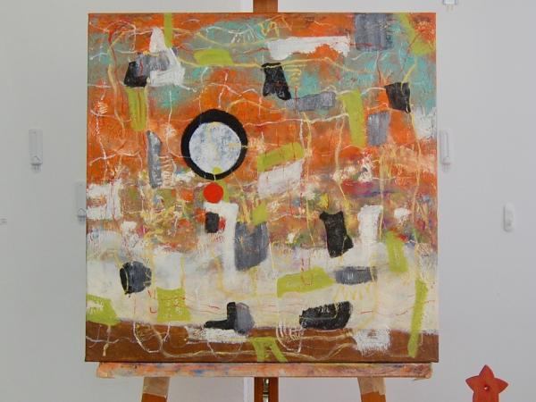 Orange Abstract Oil Painting: Whimsical Zen Circle Impasto Art - Musings