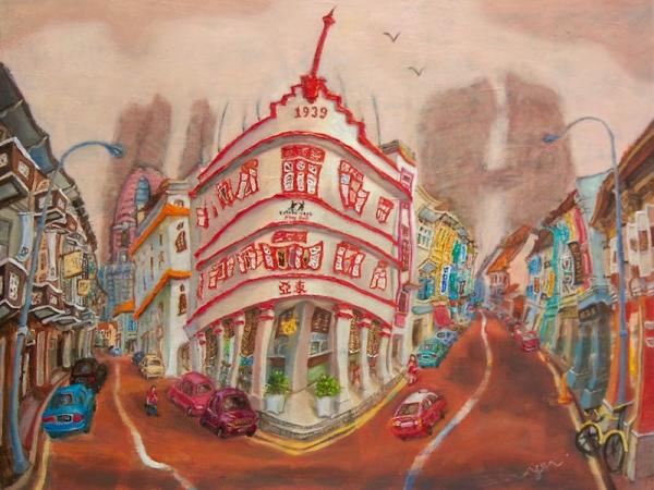Original Keong Saik Road Shophouse Oil Painting - Chinatown Corner - by Singapore artist HweeYen Ong