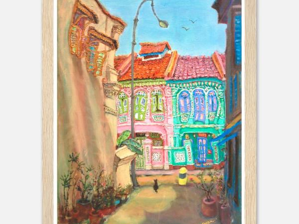 Singapore Signed Art Poster of Whimsical Painting of Pink Green Peranakan Houses at Koon Seng Road in Katong-Joo Chiat, Asia Travel Print Gift